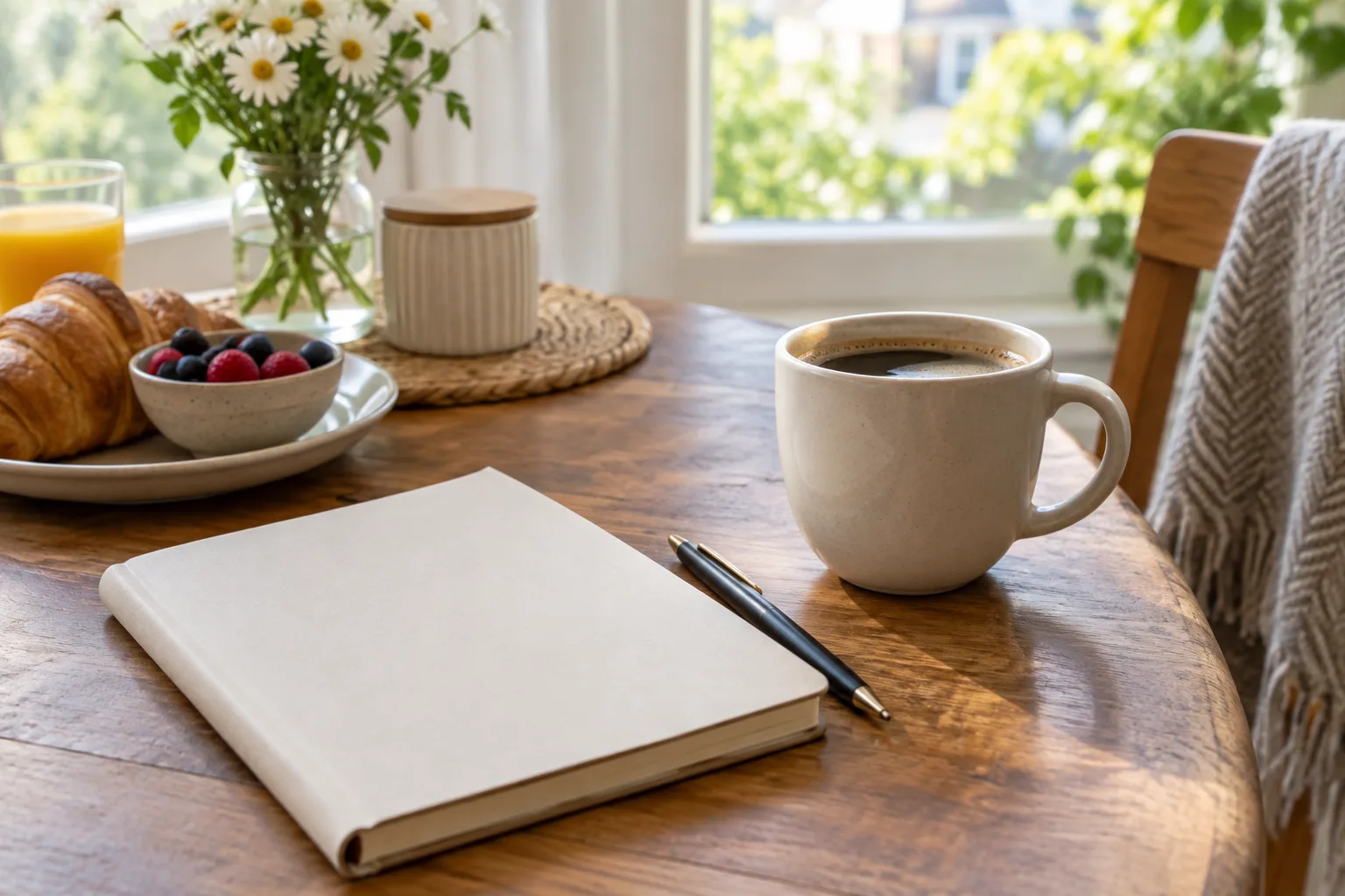 Un carnet et un stylo sont posés à côté d’une tasse sur une table éclairée par la fenêtre.