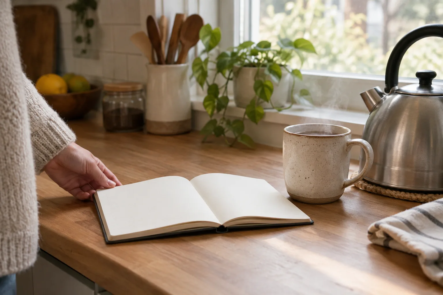 Un carnet ouvert posé près d’une tasse chaude et d’une bouilloire dans une cuisine lumineuse.
