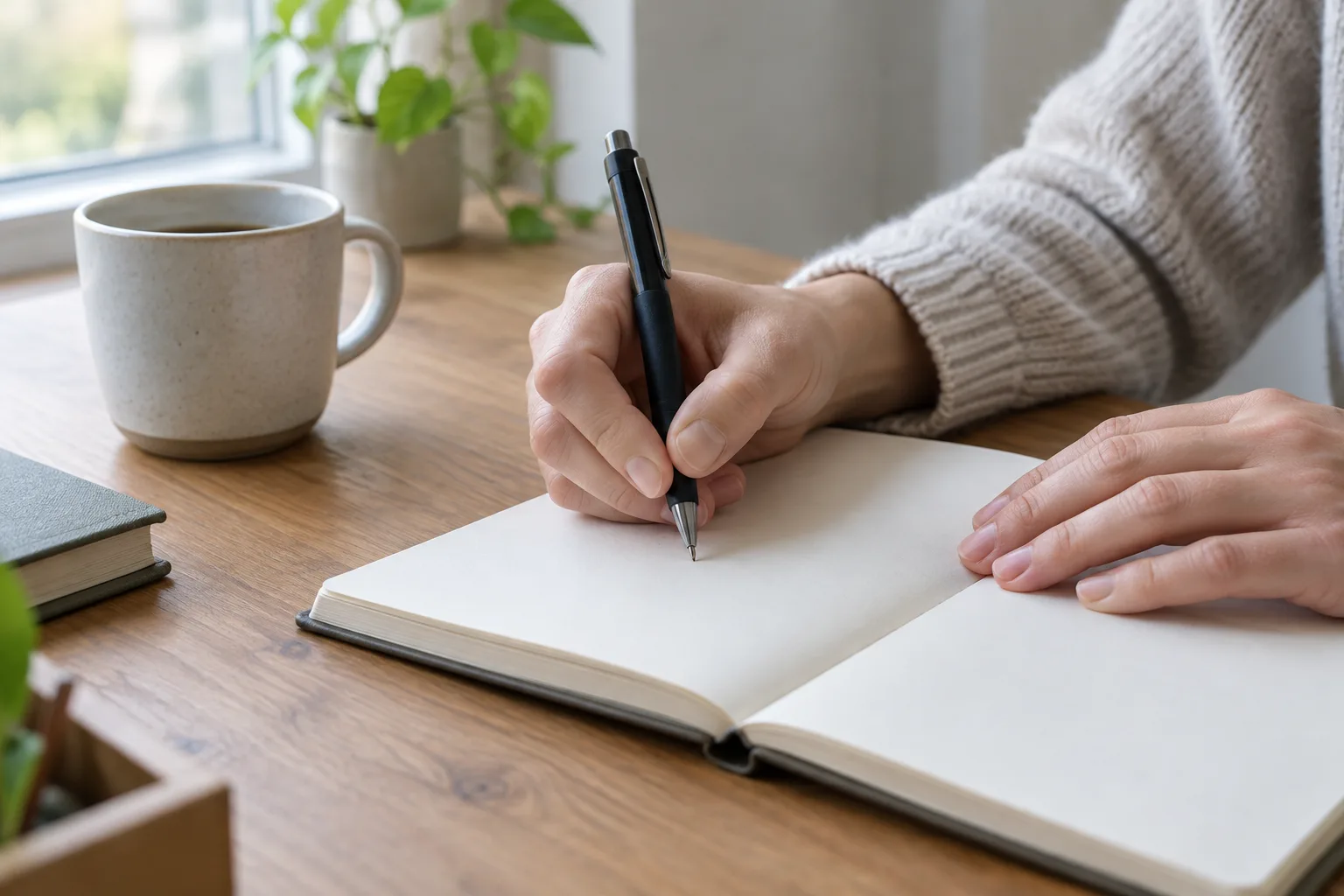 Une main tient un stylo au-dessus d’un carnet ouvert, près d’une tasse.
