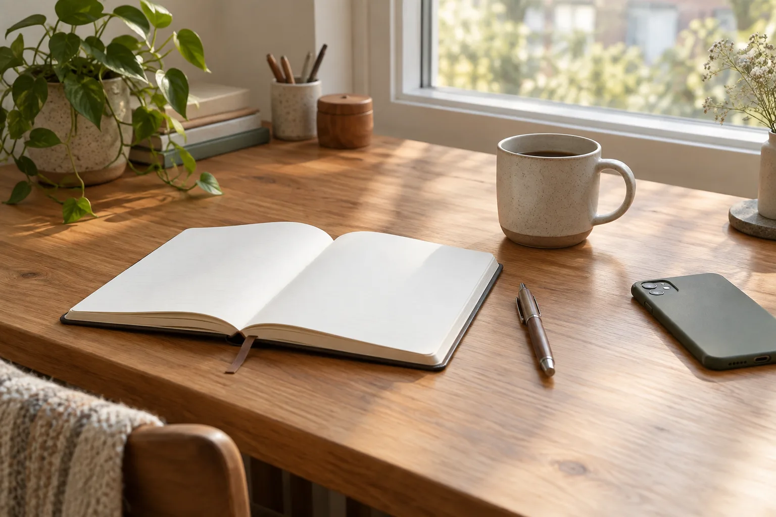 Un carnet ouvert et un stylo posés près d’une tasse, dans la lumière douce du matin.