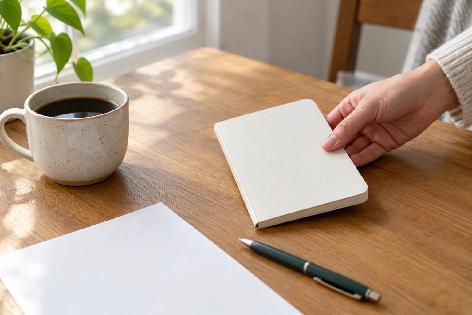 Une main pose un carnet vierge et un stylo près d’une tasse, dans la lumière du matin.