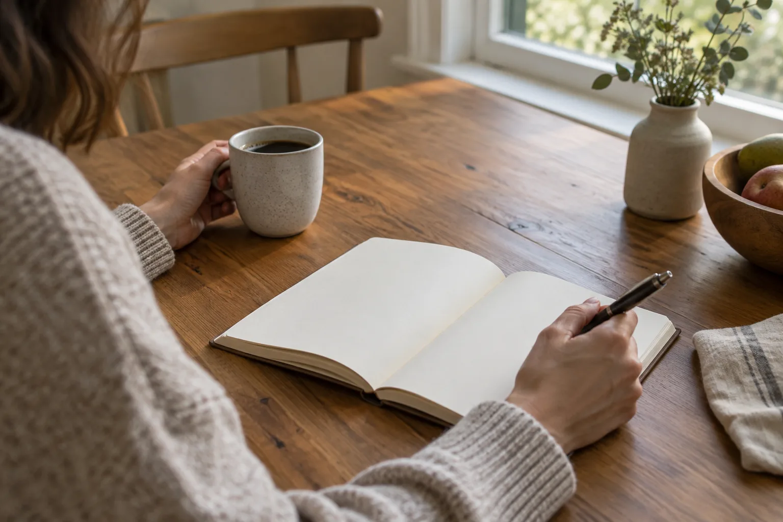 Un carnet ouvert et une tasse posés sur une table près d’une fenêtre lumineuse.