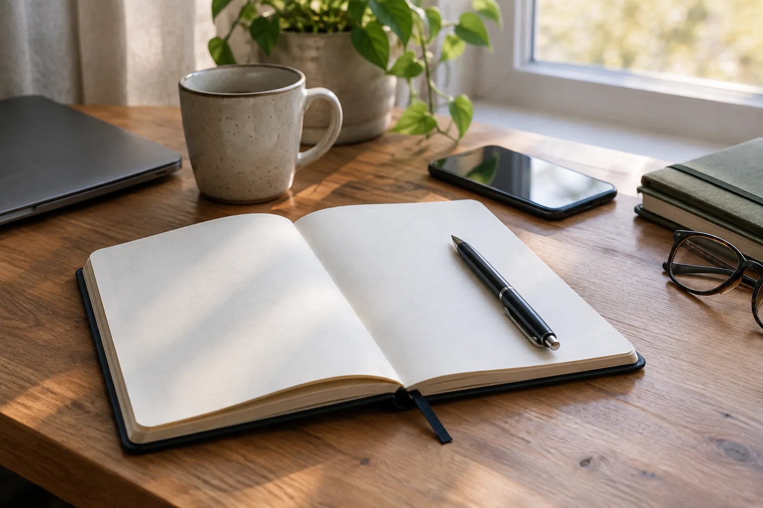 Un carnet ouvert, un stylo et quelques affaires sont rassemblés sur une table pour le lendemain matin.