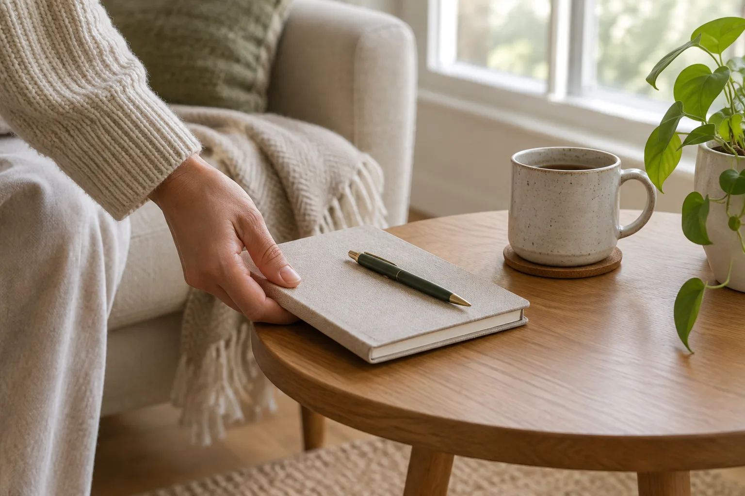 Un carnet et un stylo sont posés près d’une tasse sur une table éclairée par la lumière du matin.