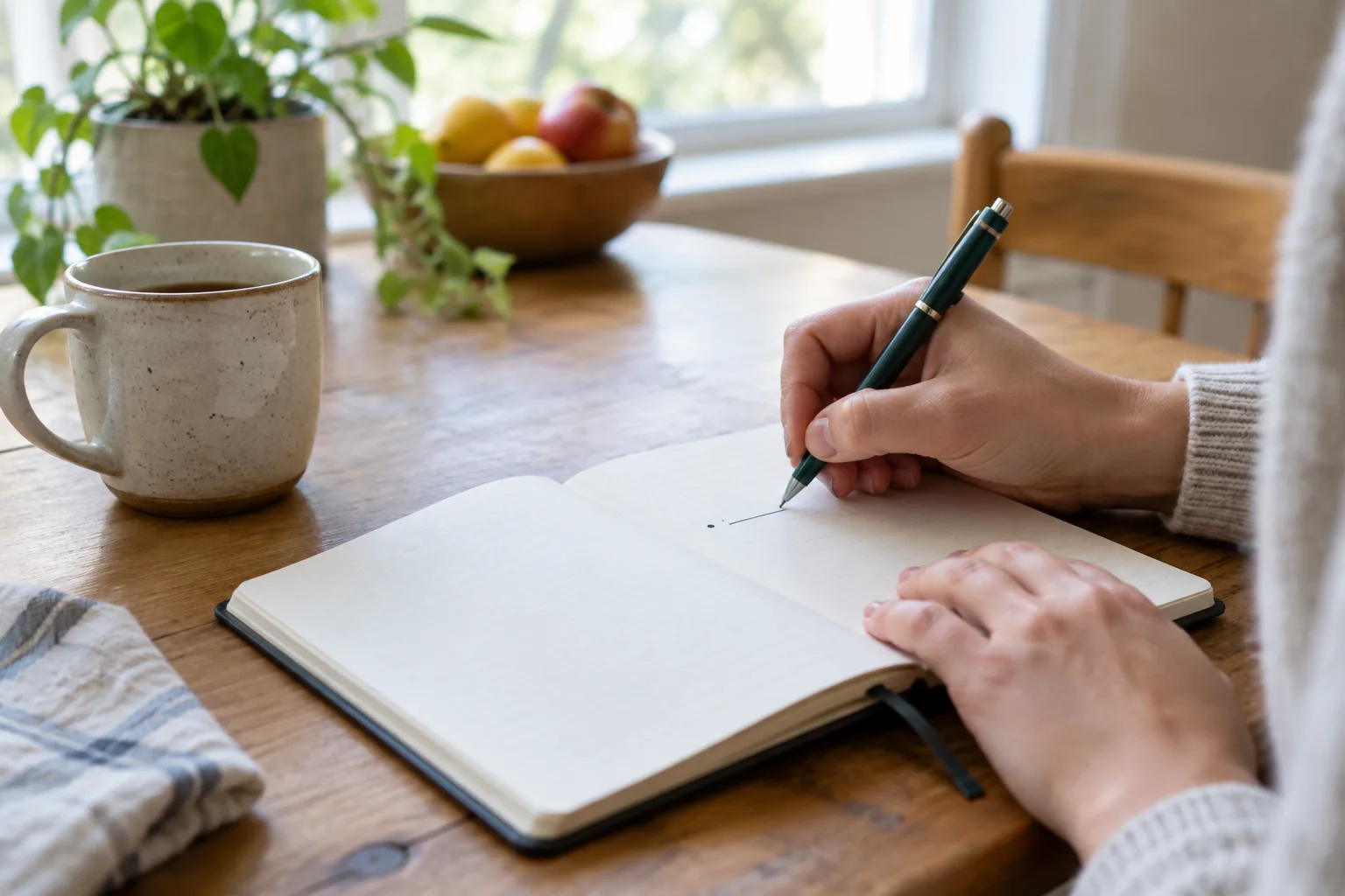 Une personne note une priorité dans un carnet posé sur une table.