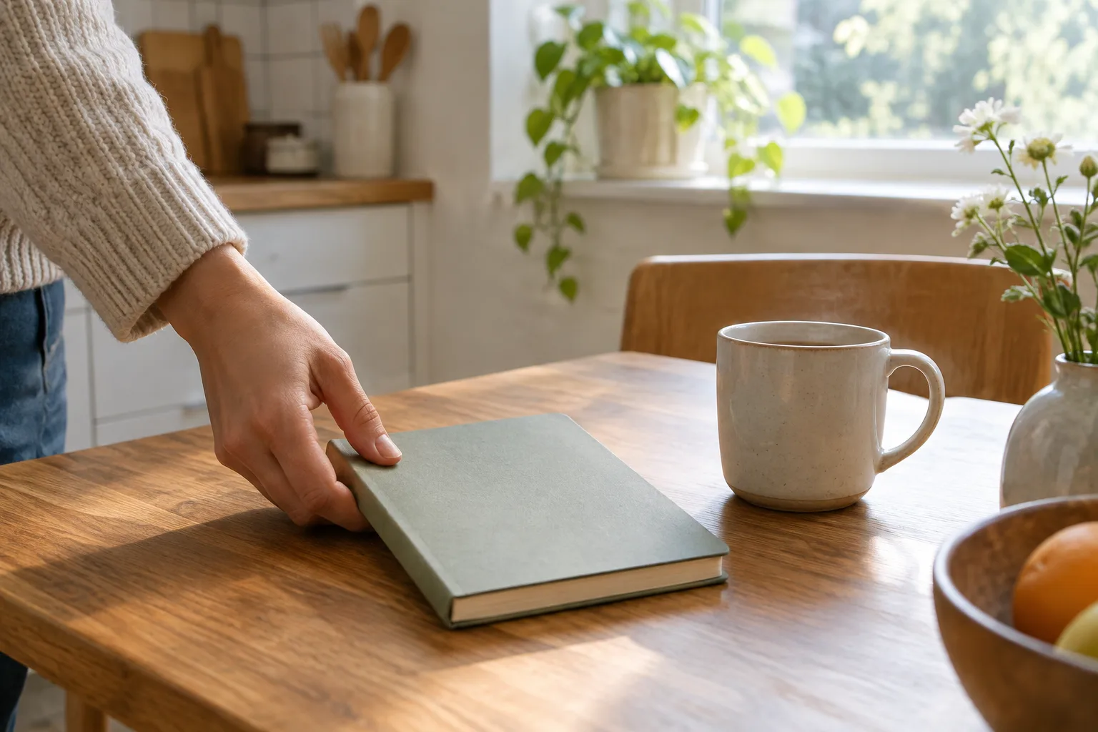 Un carnet ouvert et une tasse posés sur une table près d’une fenêtre lumineuse.