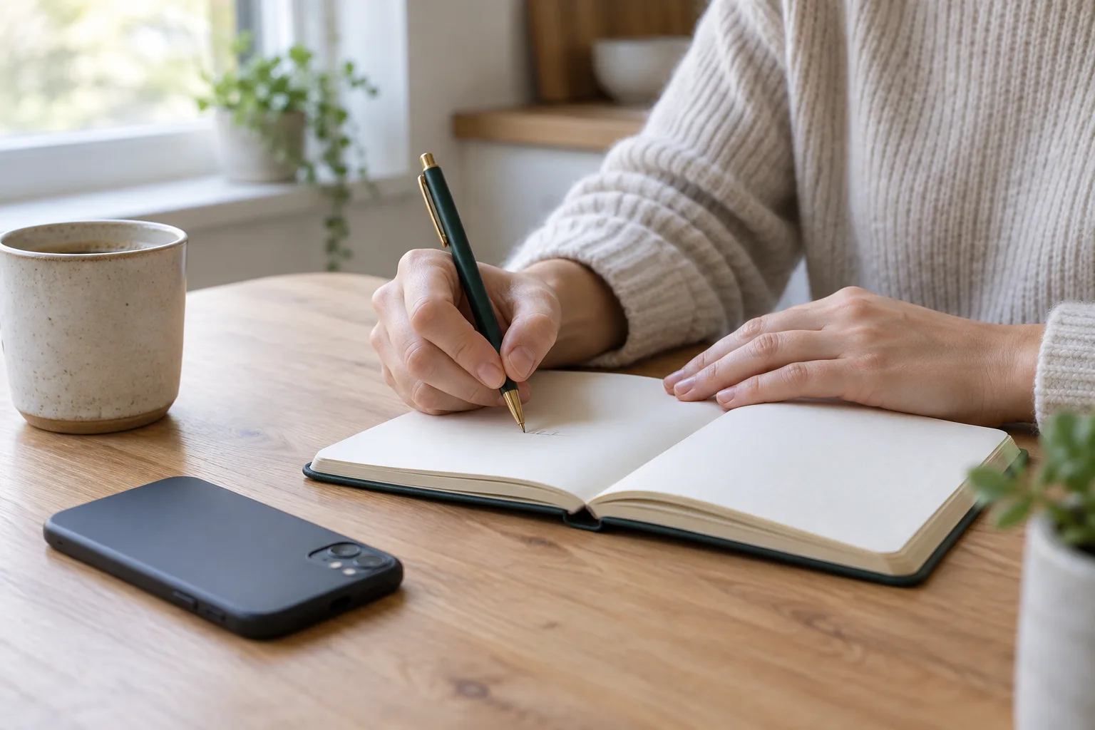 Des mains écrivent dans un carnet tandis qu’un téléphone reste retourné sur la table.