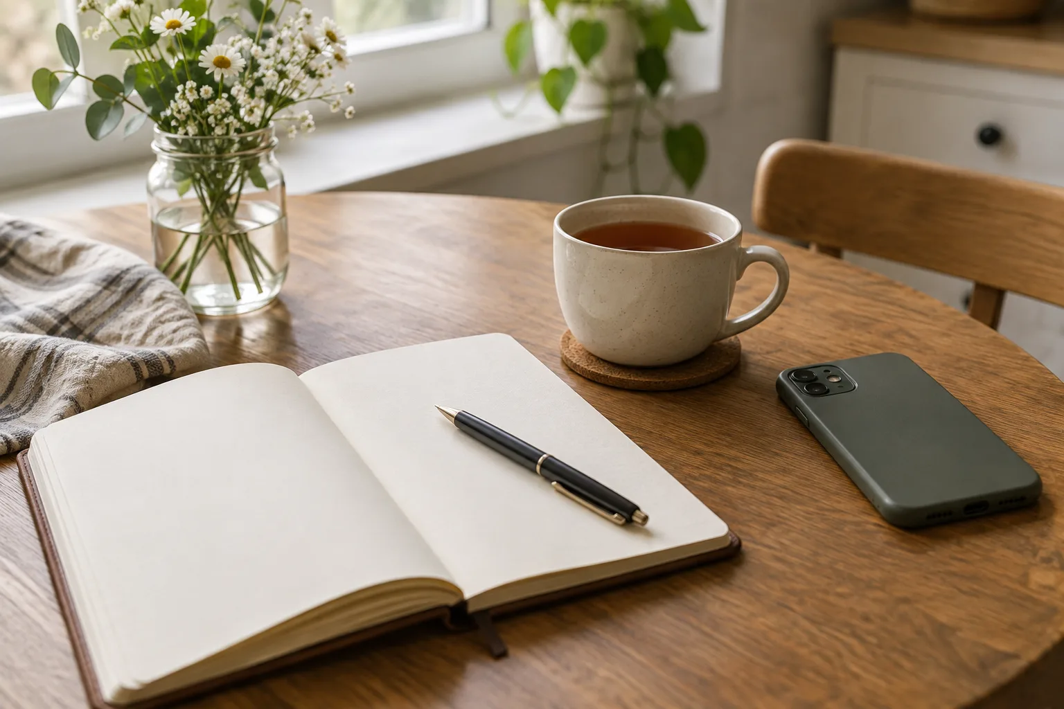 Un carnet ouvert et un stylo posés près d’un téléphone retourné et d’une tasse.