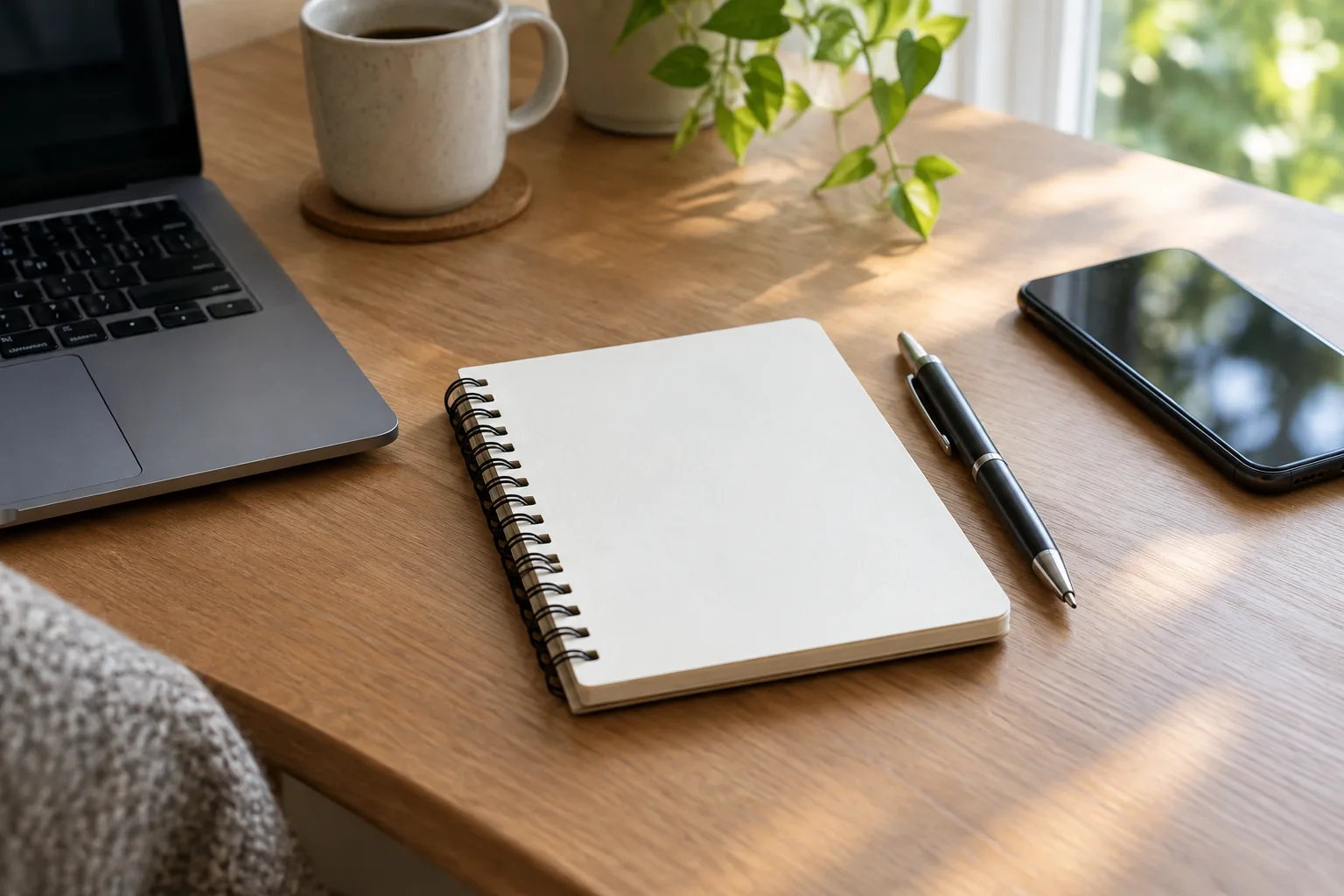 Un carnet vierge et un stylo disposés à côté d’un espace de travail lumineux.