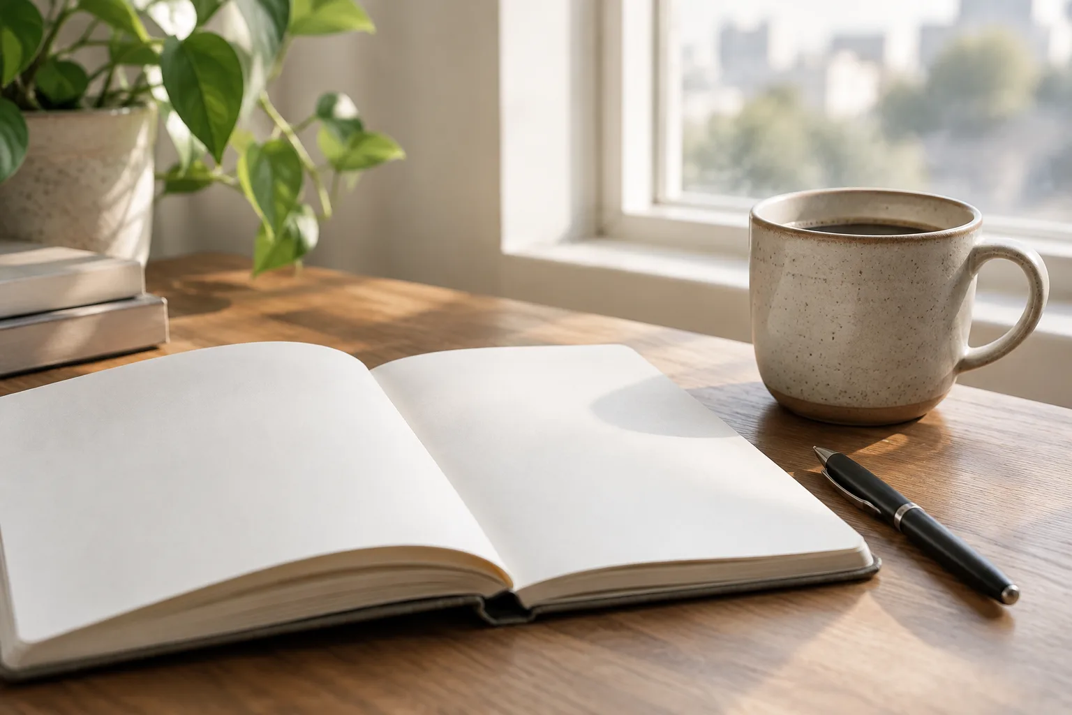 Un carnet ouvert et un stylo posés près d’une tasse, dans la lumière du matin.