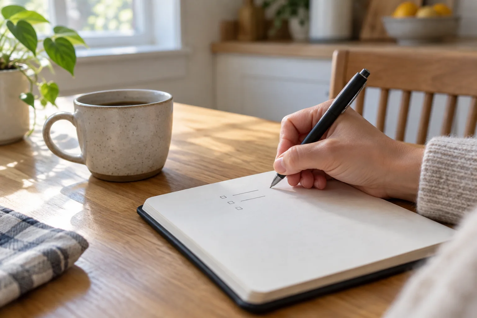 Une main note une tâche dans un carnet posé sur une table, près d’un stylo et d’une tasse.