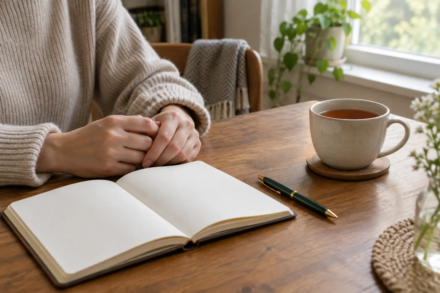 Un carnet ouvert et un stylo posés près d’une tasse sur une table éclairée par la lumière du matin.
