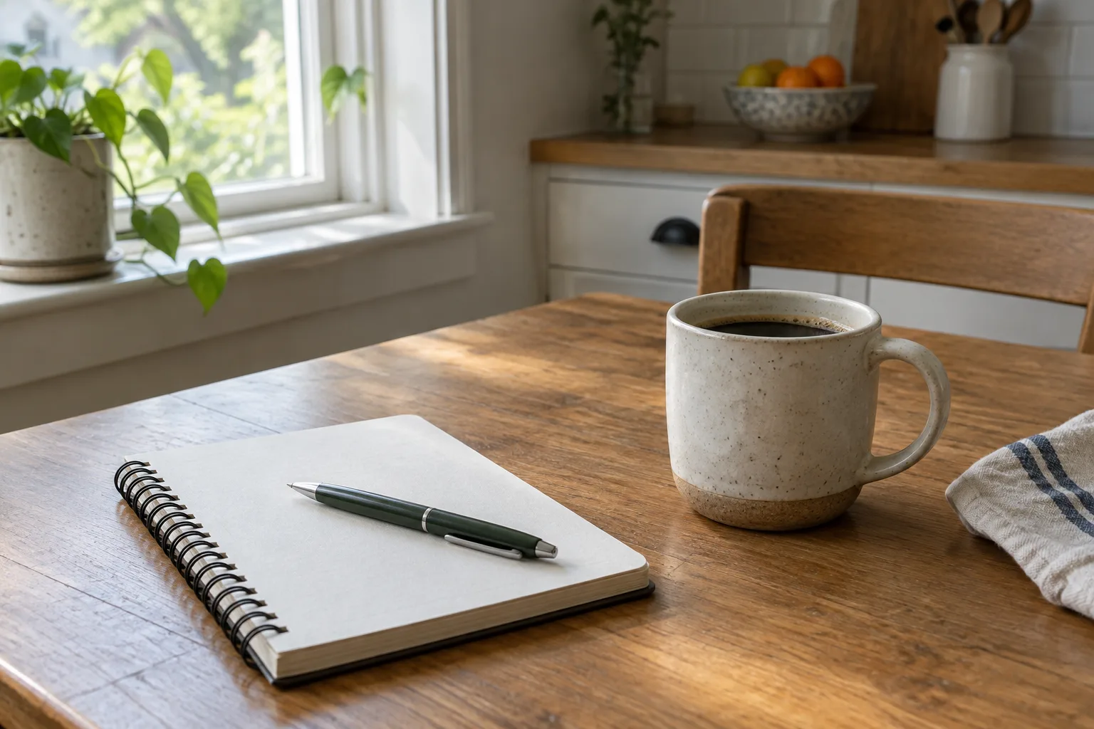 Un carnet ouvert et un stylo posés près d’une tasse sur une table éclairée par la lumière du matin.