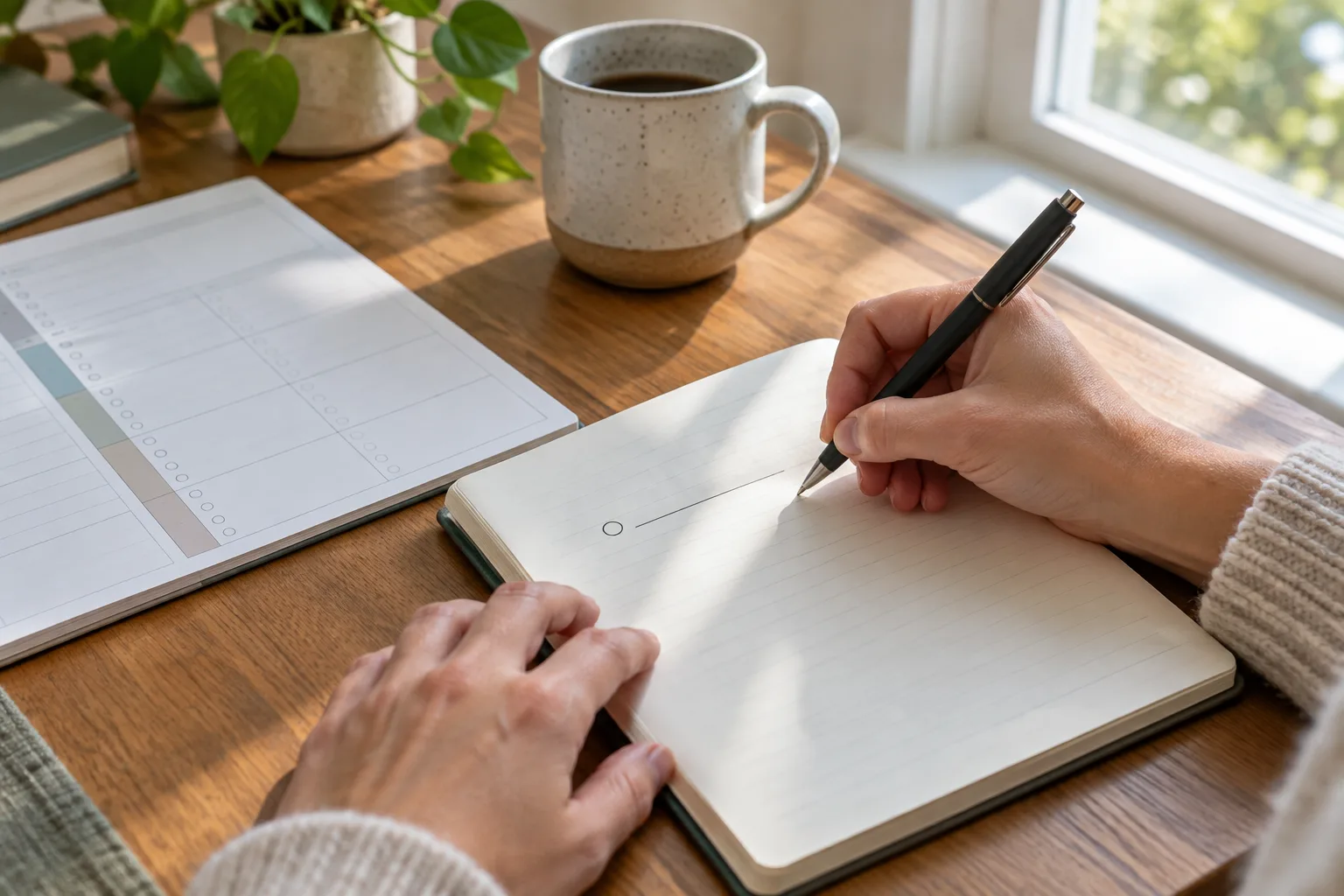 Des mains notent une priorité dans un carnet ouvert, à côté d’un agenda et d’une tasse.