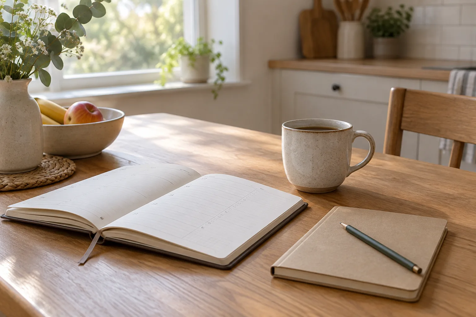 Un carnet ouvert et un agenda posés sur une table près d’une tasse, dans la lumière du matin.