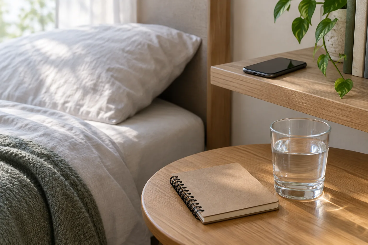 Un téléphone placé sur une étagère, avec un carnet et un verre d’eau à proximité.