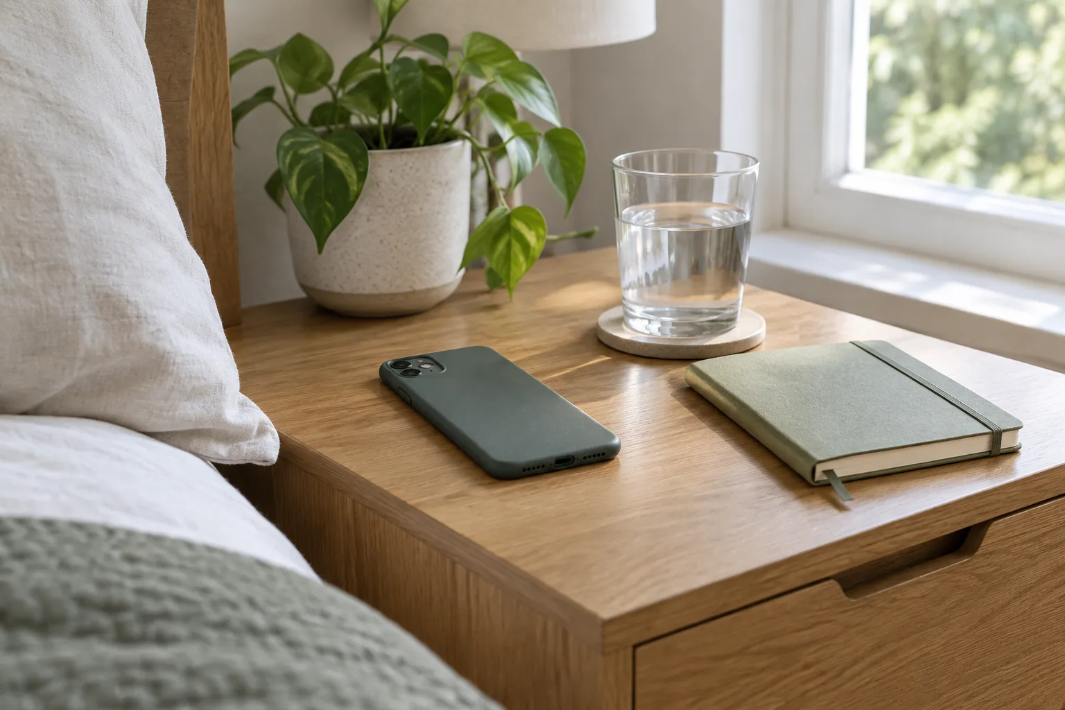 Un téléphone posé face contre table près d’un carnet et d’un verre d’eau dans une chambre éclairée par le matin.
