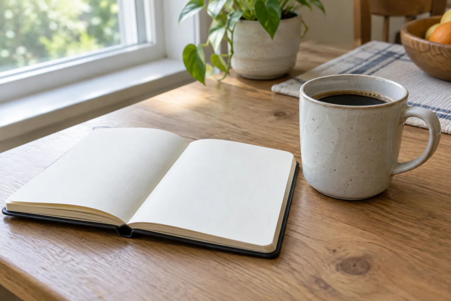 Un carnet ouvert placé à côté d’une tasse sur une table de cuisine.