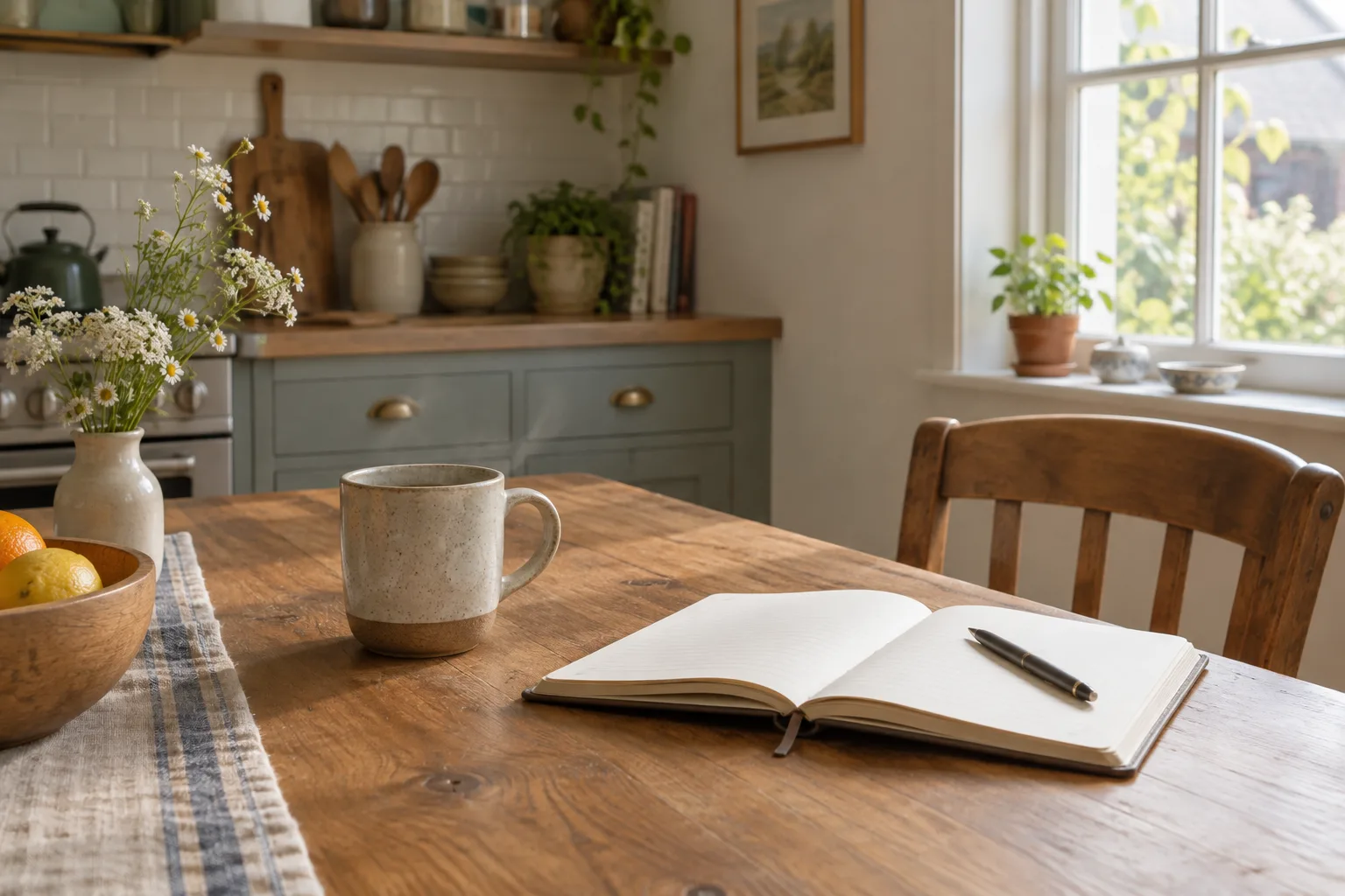 Un carnet ouvert et une tasse posés sur une table près d’une fenêtre lumineuse.