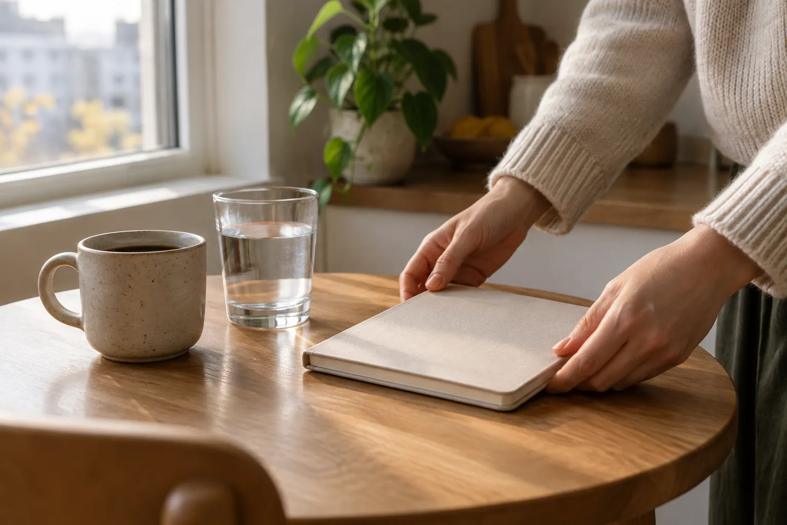 Un carnet, un verre d’eau et une tasse sont posés sur une table éclairée par le matin.