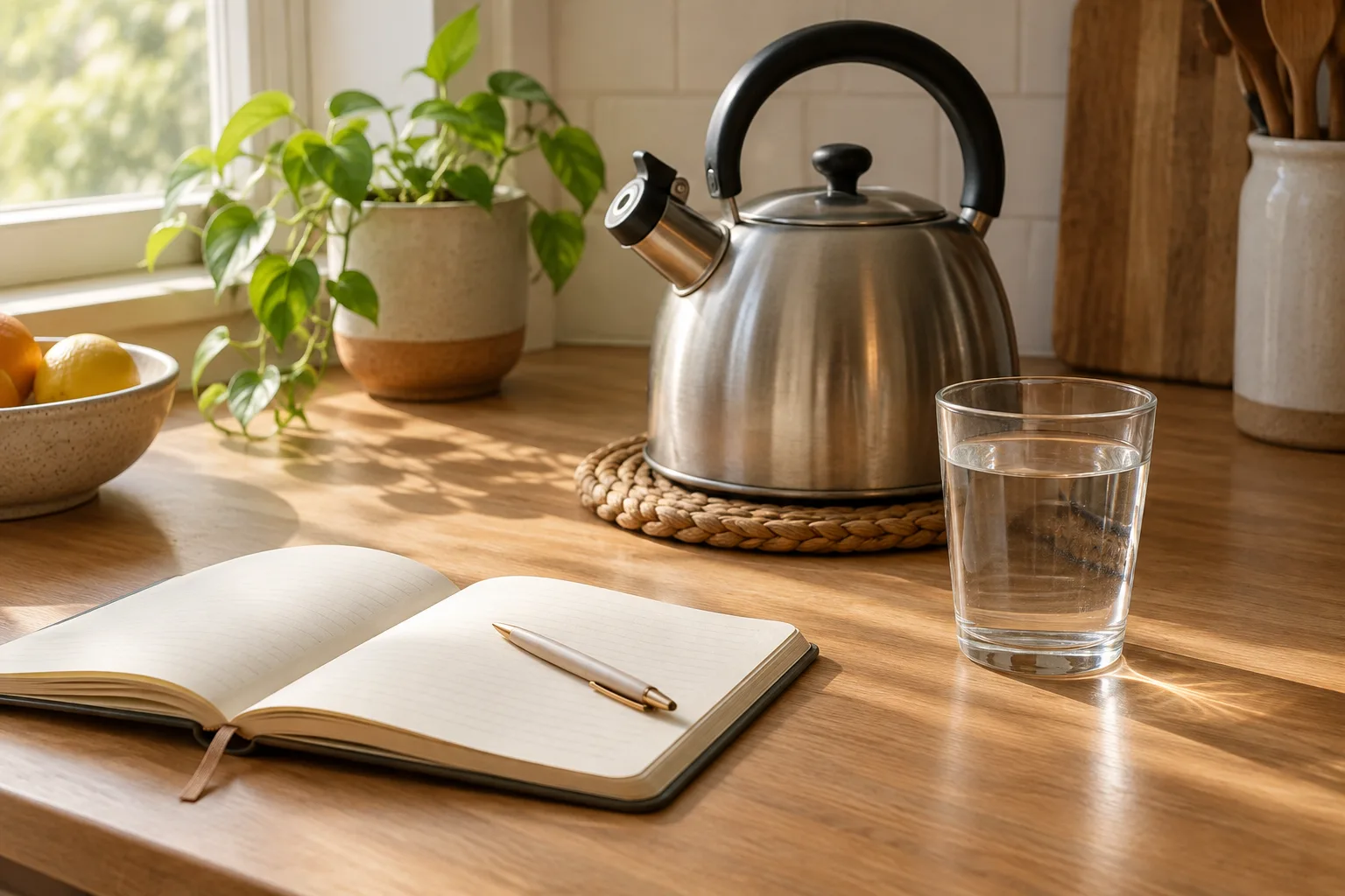 Une bouilloire, un verre et un carnet disposés sur un plan de travail éclairé par la lumière du matin.