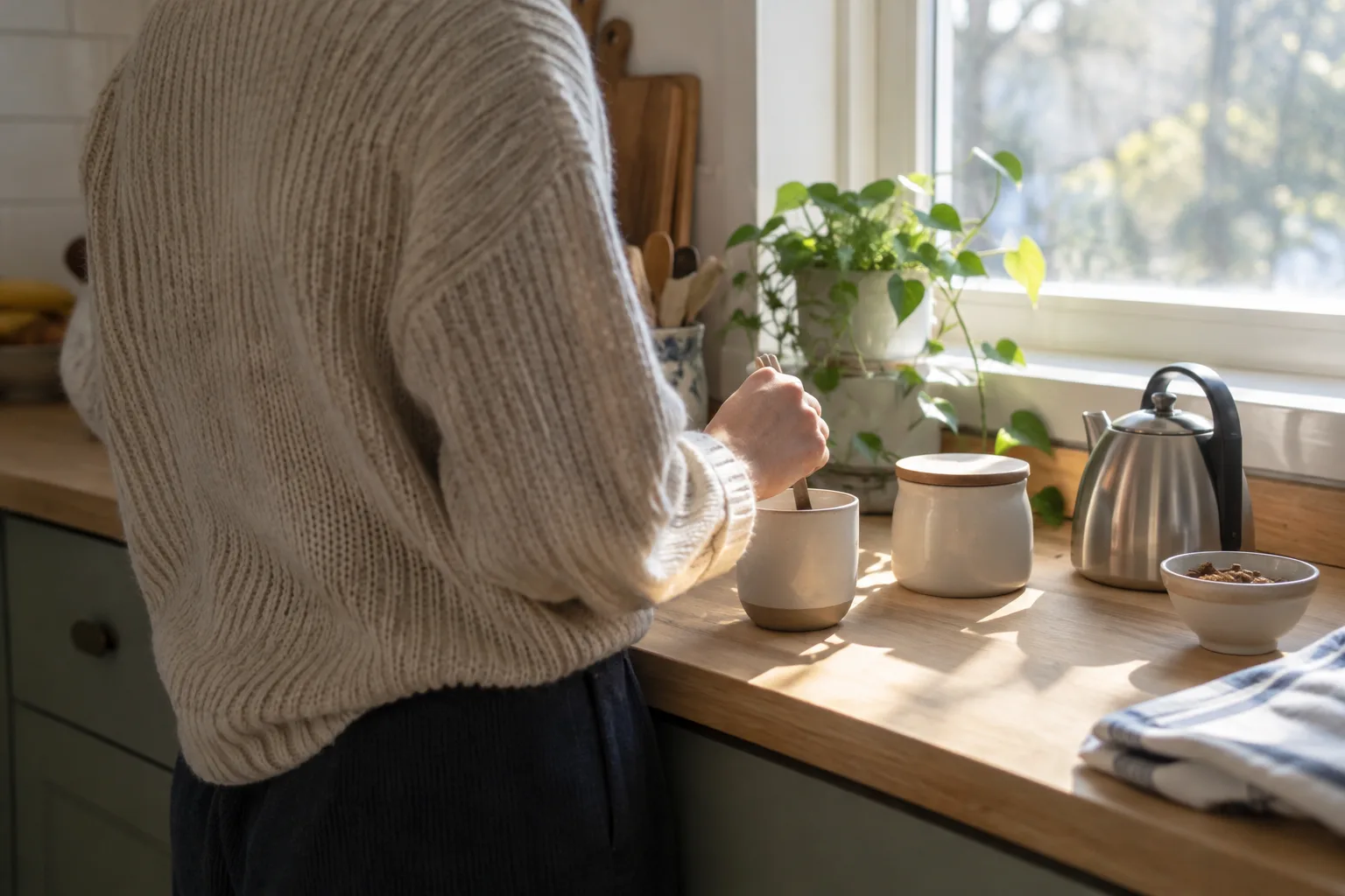Une personne prépare une boisson chaude dans une cuisine baignée de lumière matinale.