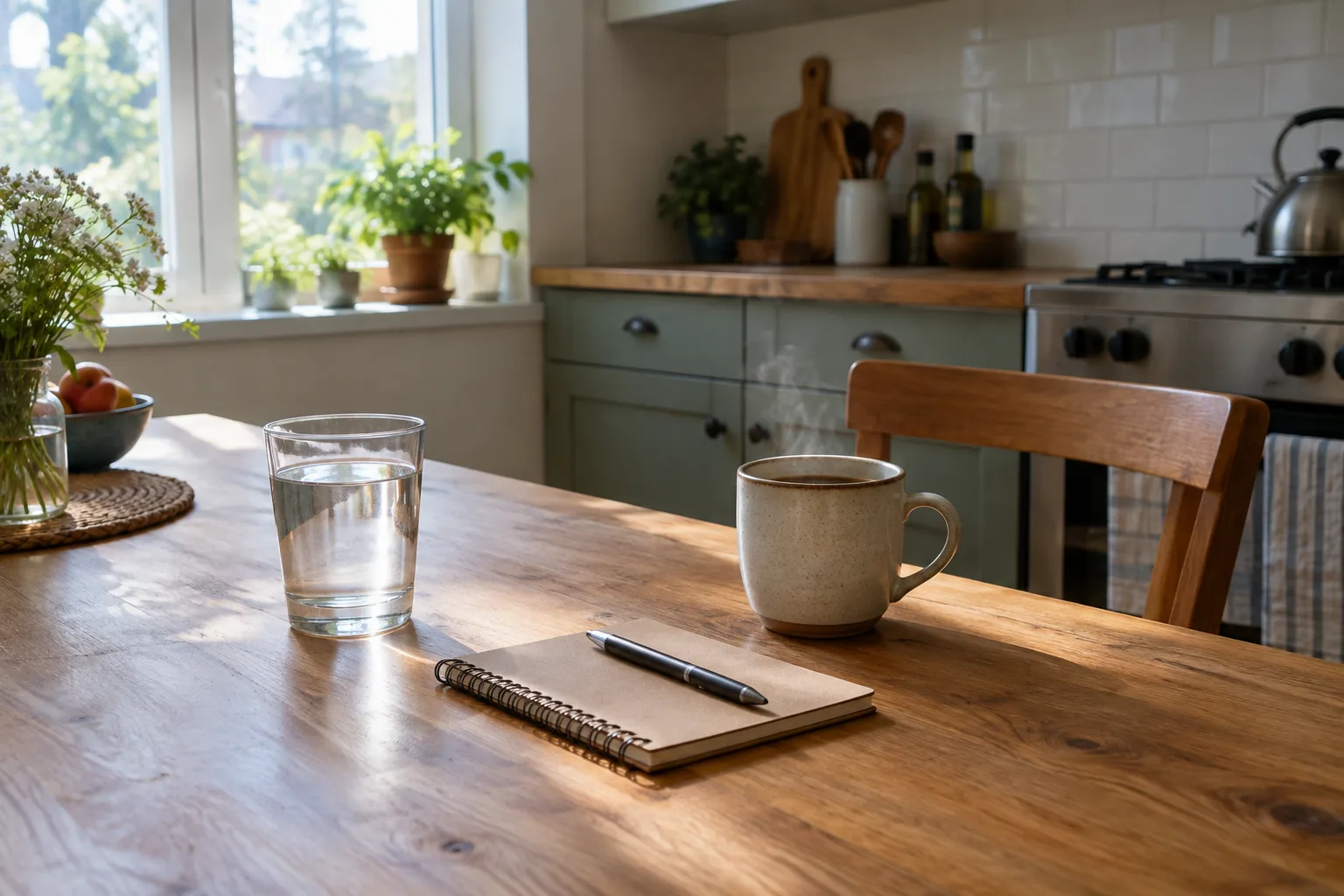 Un carnet et une boisson posés près d’une fenêtre dans une cuisine lumineuse.