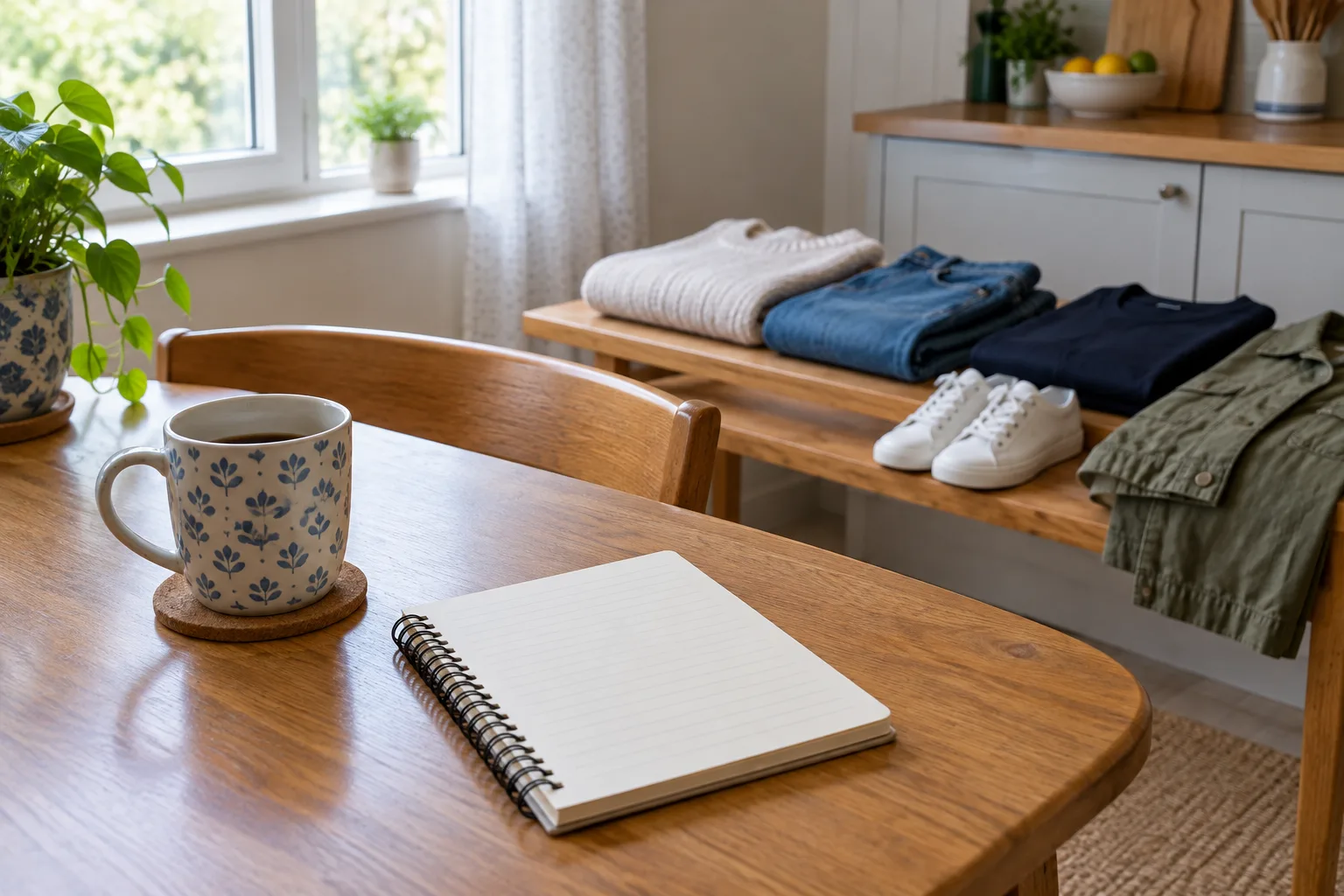 Un carnet et une tasse préparés sur une table pour accompagner le début de la matinée.
