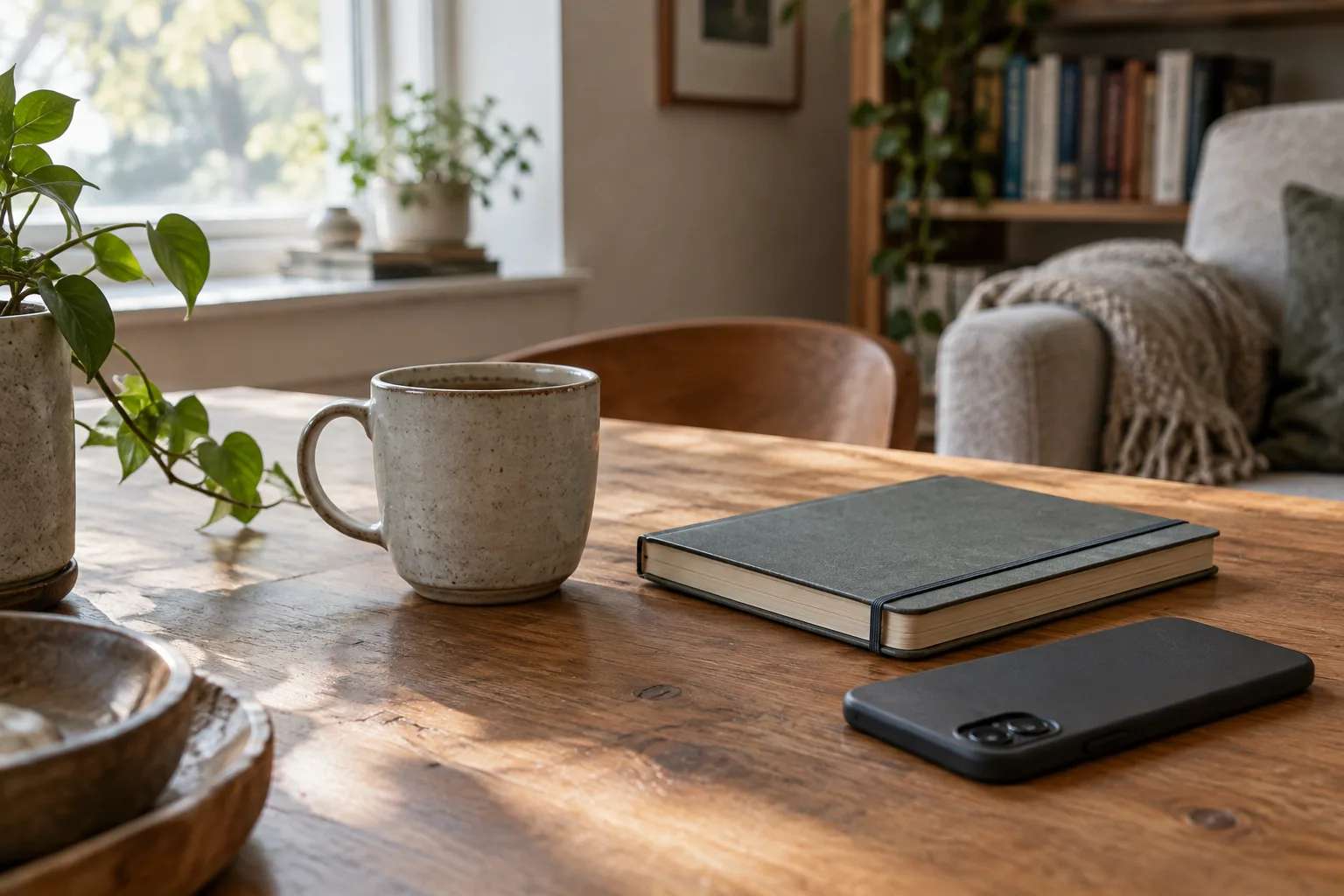 Un carnet et un téléphone posé face contre table près d’une tasse, dans la lumière du matin.