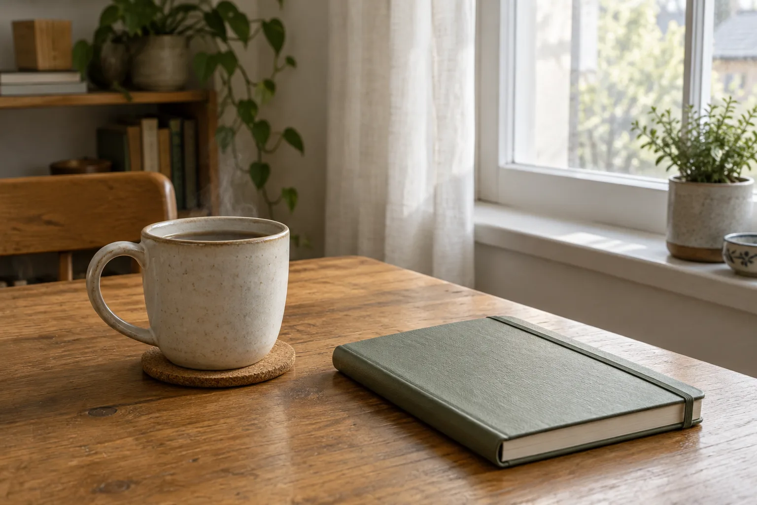 Une tasse et un carnet fermé près d’une fenêtre éclairée par la lumière du matin.