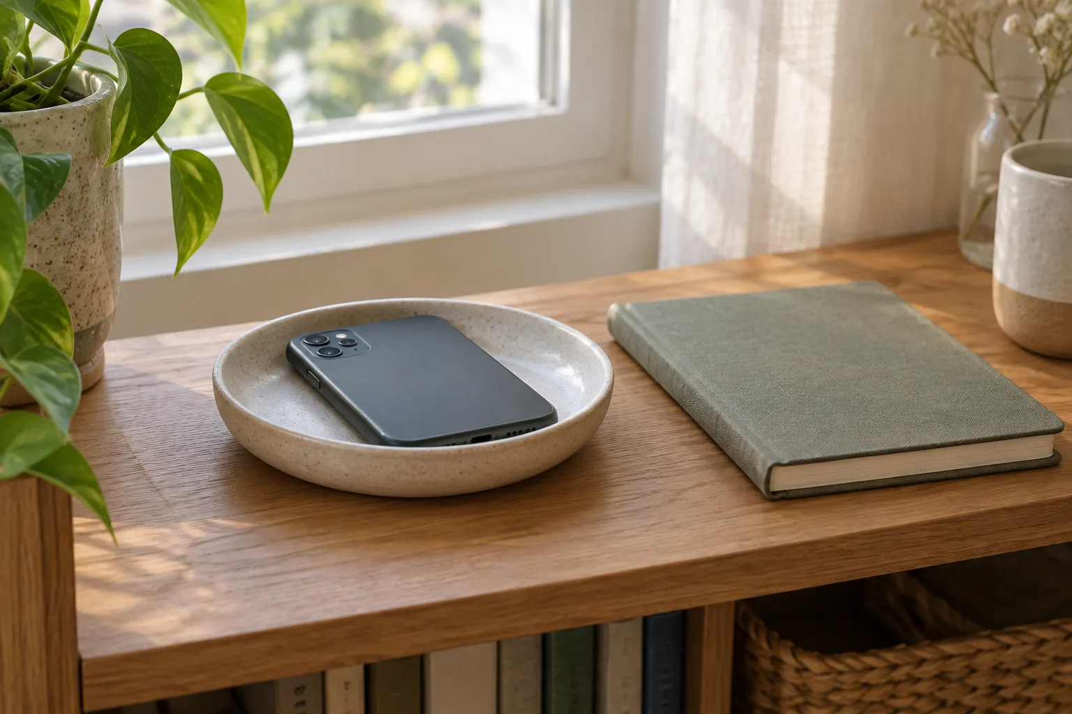 Un téléphone face contre la table repose dans une coupelle près d’un carnet.