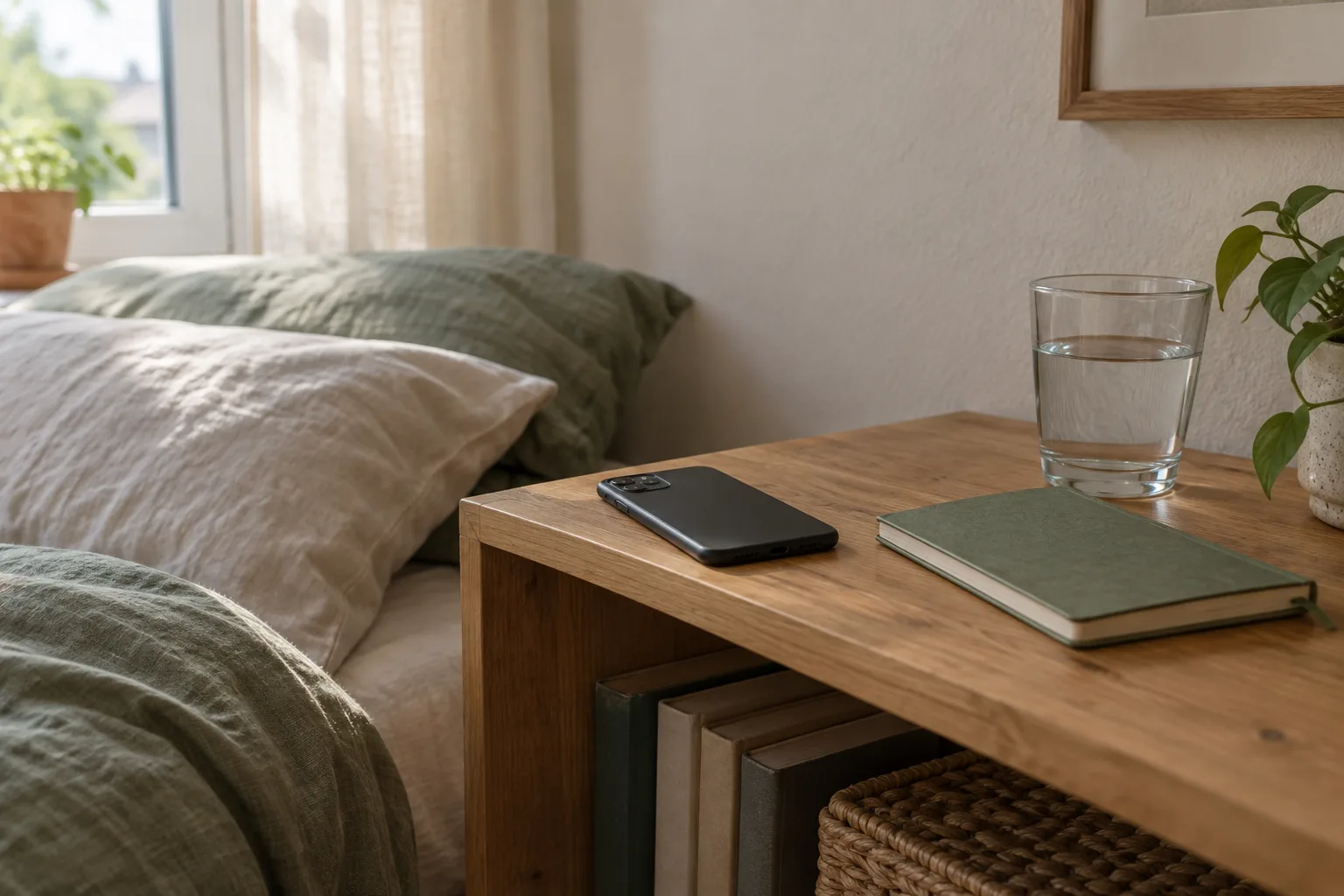 Un téléphone posé à l’écart près d’un carnet et d’un verre d’eau dans une chambre lumineuse.