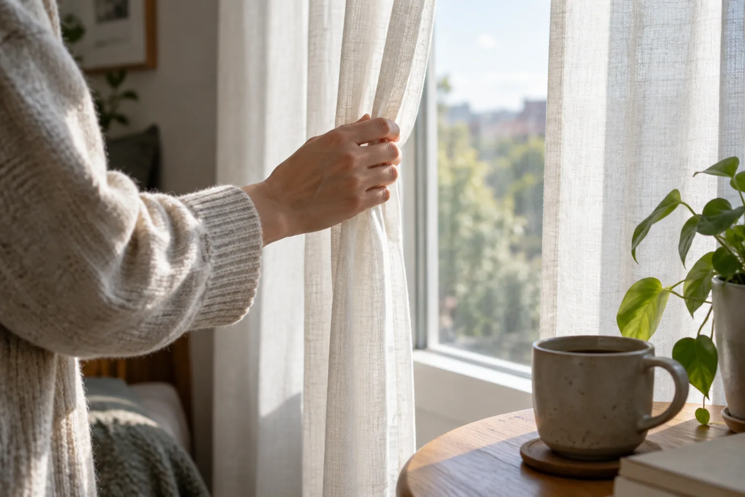 Une main entrouvre des rideaux et laisse entrer la lumière du matin près d’une tasse.