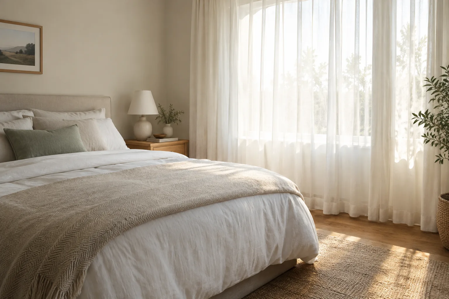 Une chambre paisible éclairée par la lumière du matin à travers des rideaux clairs.