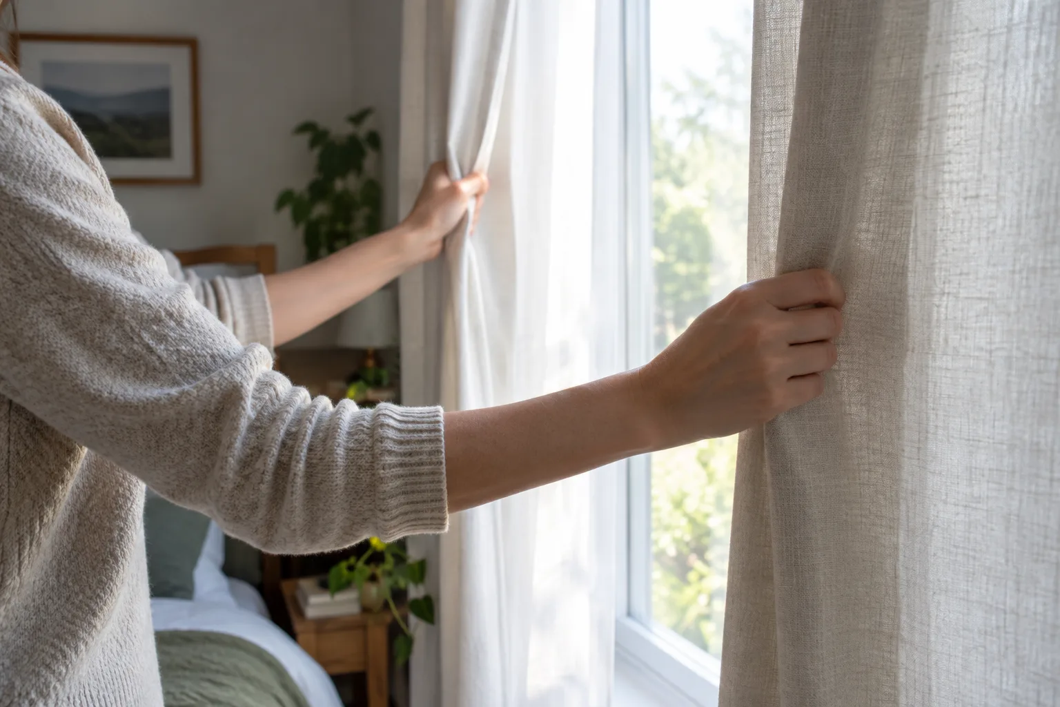 Des mains ouvrent les rideaux d’une chambre pour laisser entrer la lumière du matin.