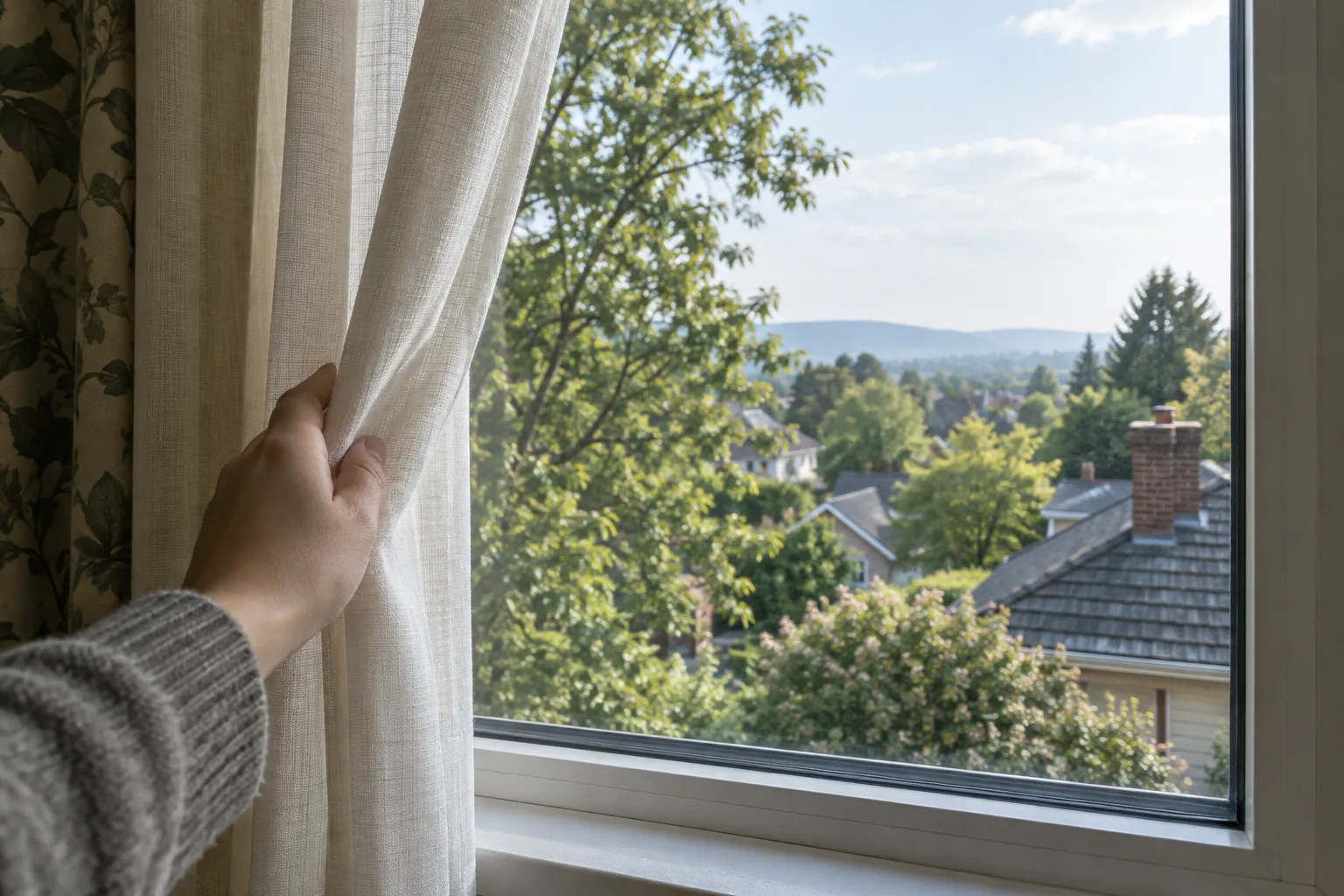 Une main écarte doucement un rideau pour regarder la lumière et le paysage par la fenêtre.