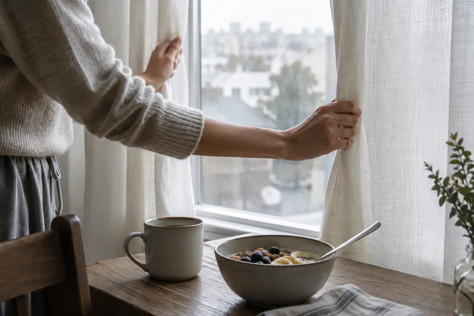 Des mains ouvrent les rideaux près d’une table de petit-déjeuner.