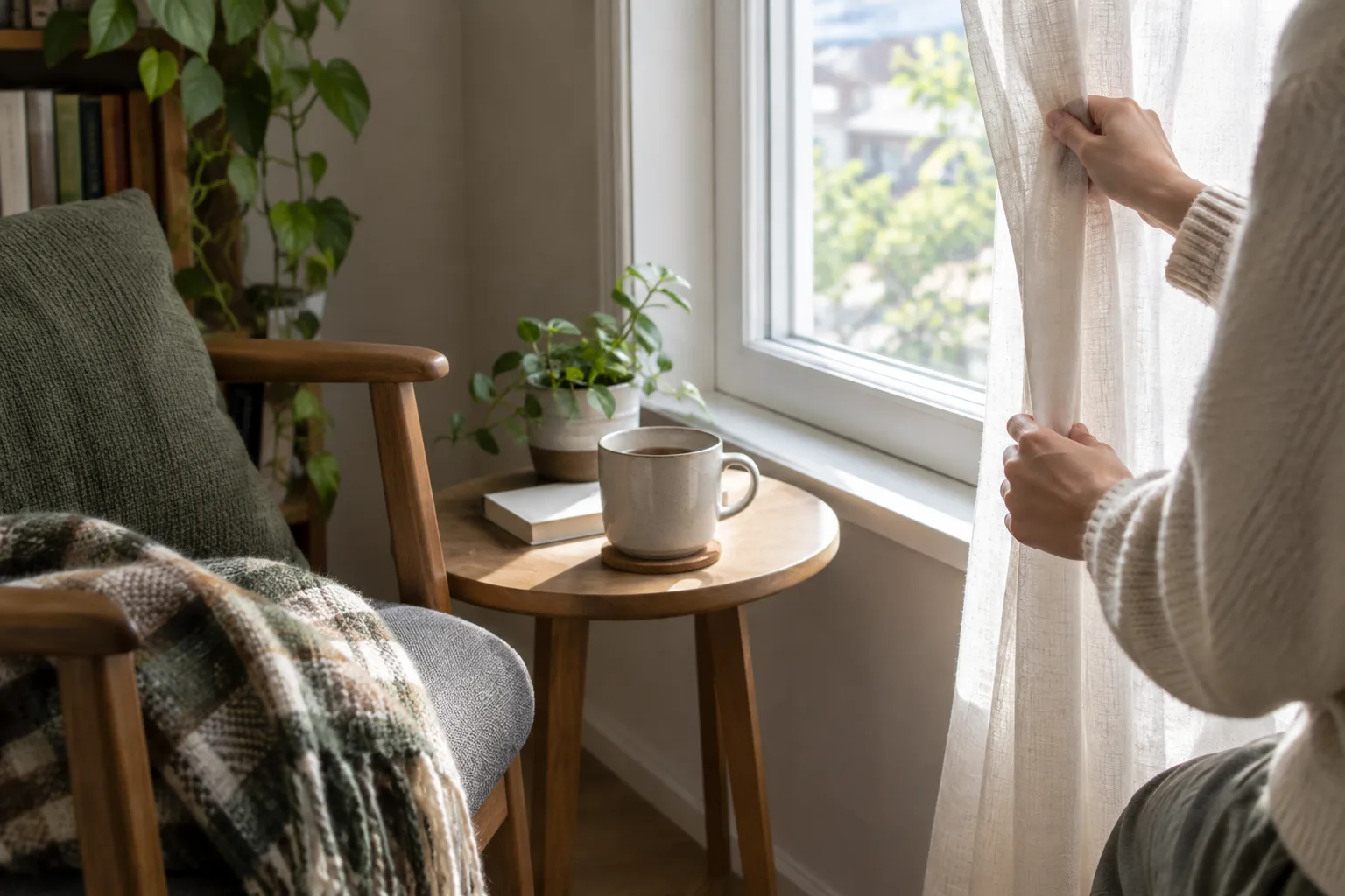Une main ouvre un rideau près d’une chaise et d’une tasse posée à côté d’une fenêtre.