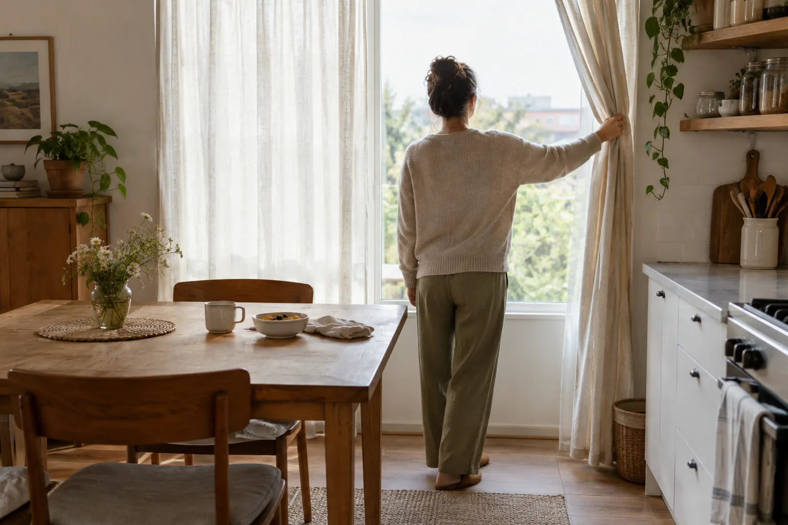 Une personne ouvre les rideaux dans une pièce où la lumière du matin entre doucement.