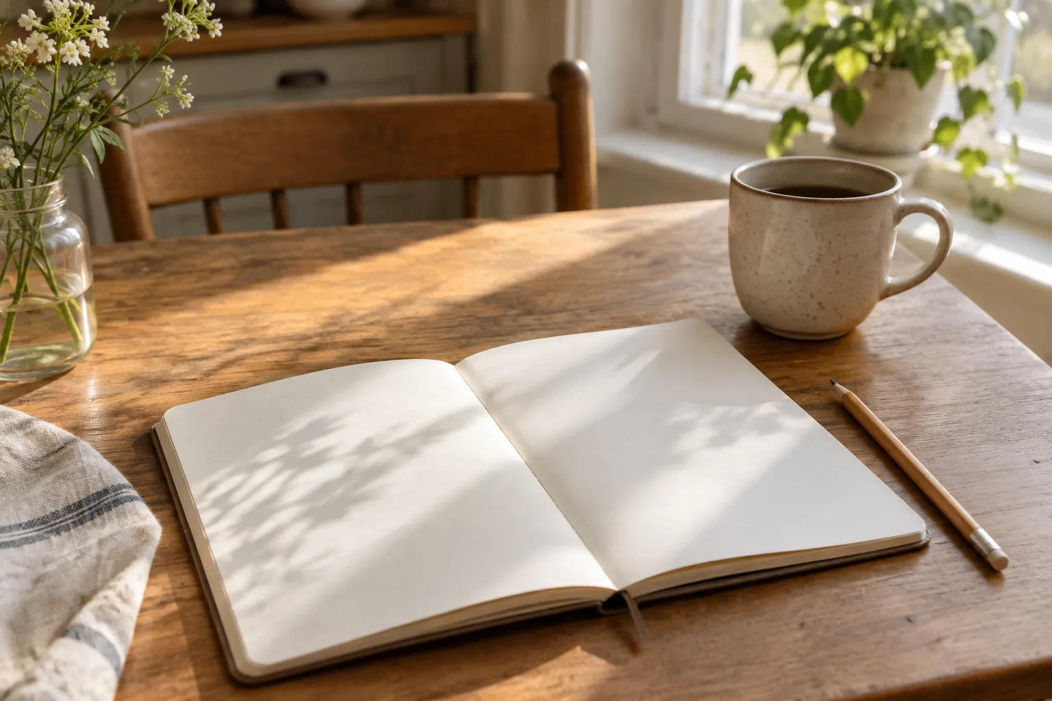Un carnet ouvert et un crayon posés sur une table éclairée par la lumière du matin.