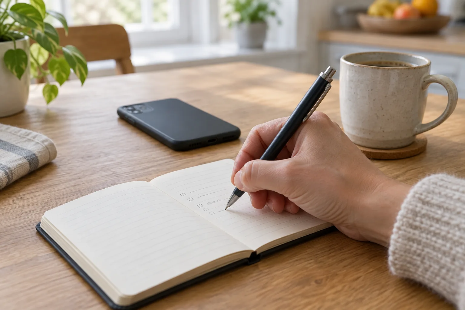 Une personne note une idée dans un carnet tandis que son téléphone reste posé écran contre la table.