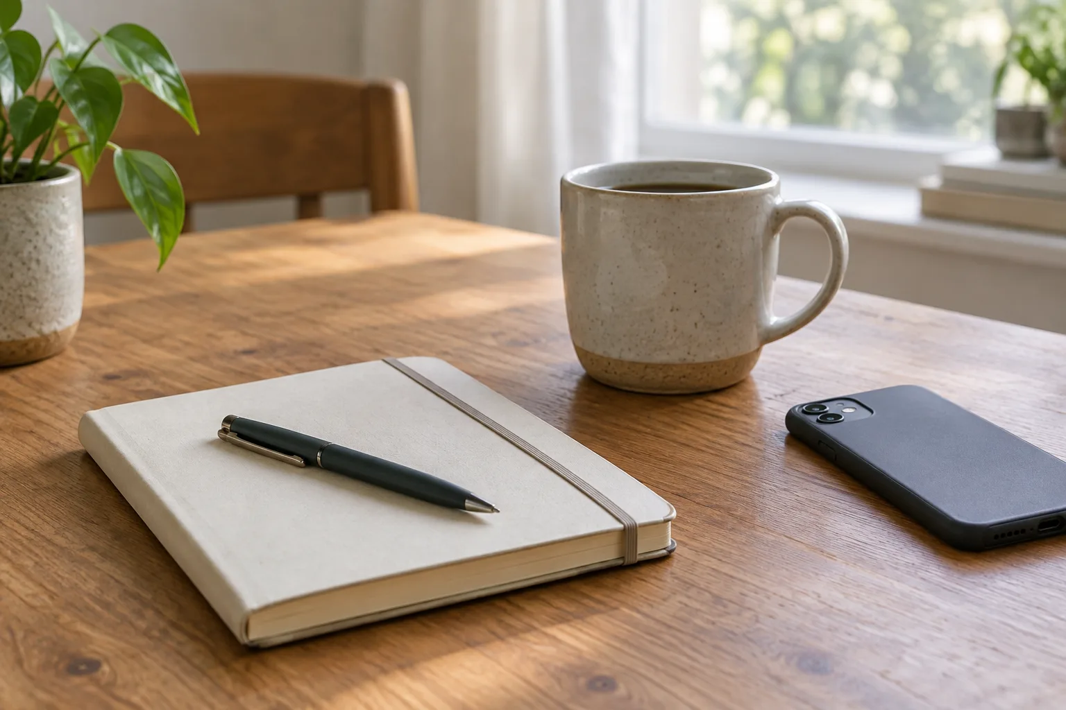 Un carnet ouvert, un stylo et un téléphone posé écran contre la table près d’une tasse.