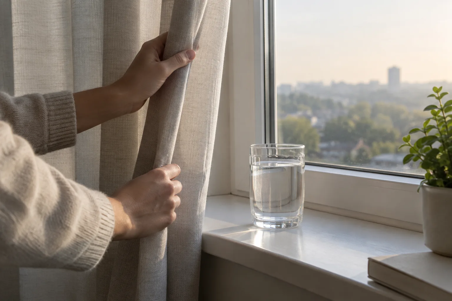 Des mains ouvrent un rideau près d’un verre d’eau posé sur le rebord d’une fenêtre.