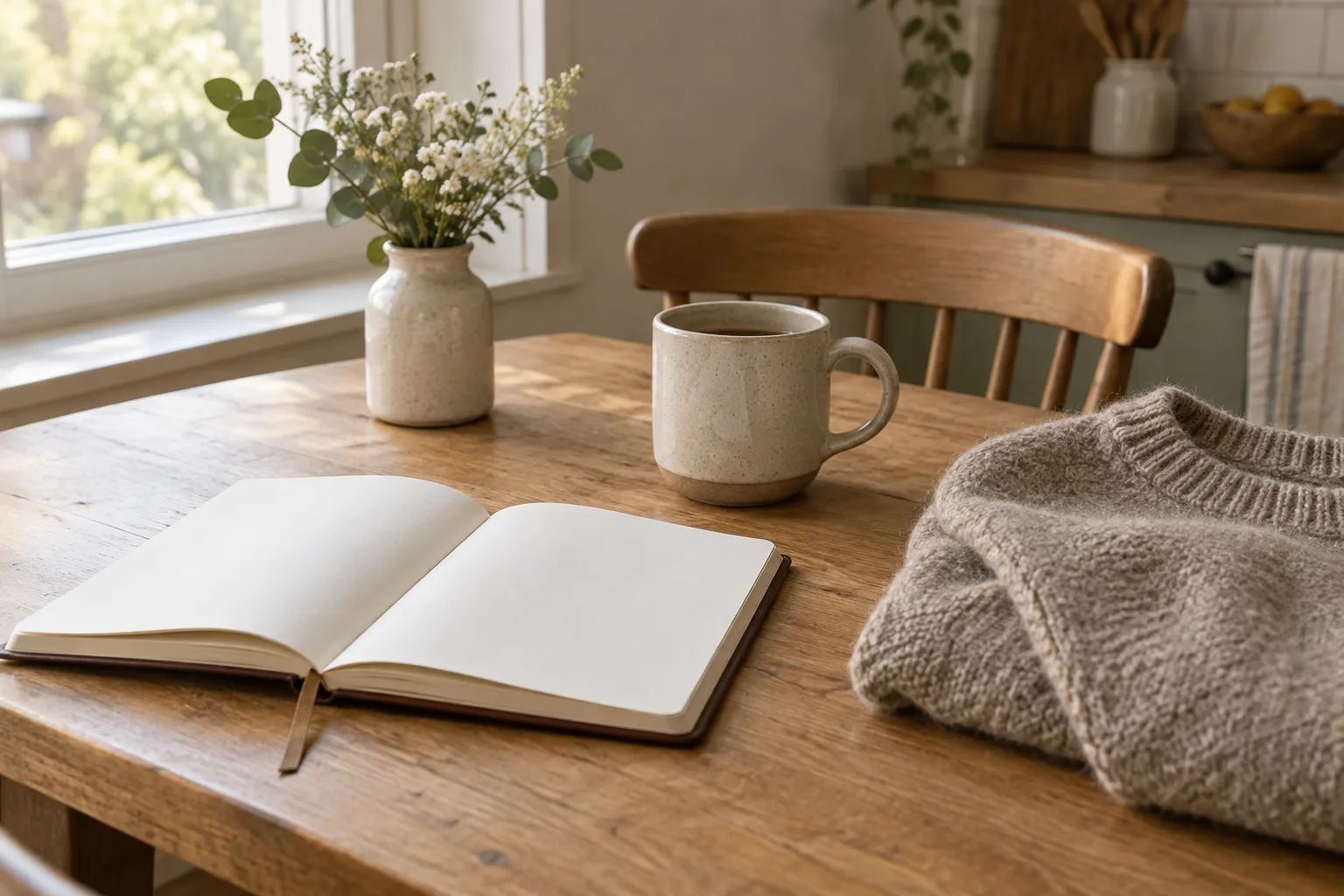 Un carnet ouvert et une tasse posés sur une table éclairée par la lumière du matin.