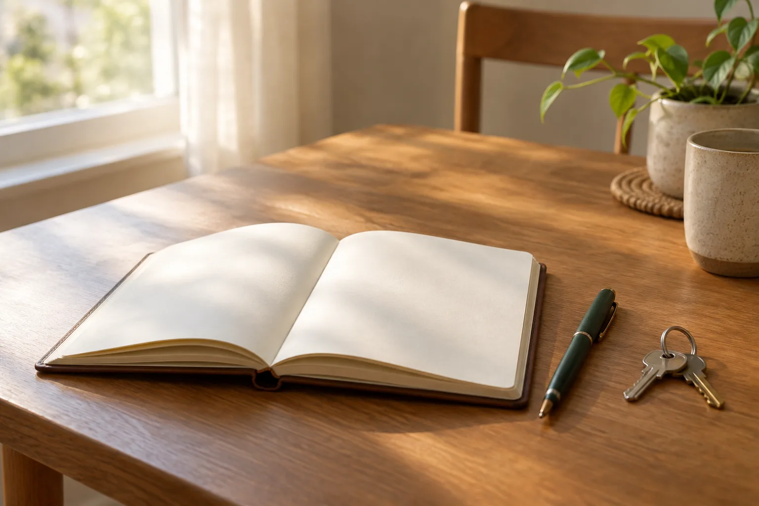 Un carnet ouvert et des clés posés sur une table près d’une fenêtre.