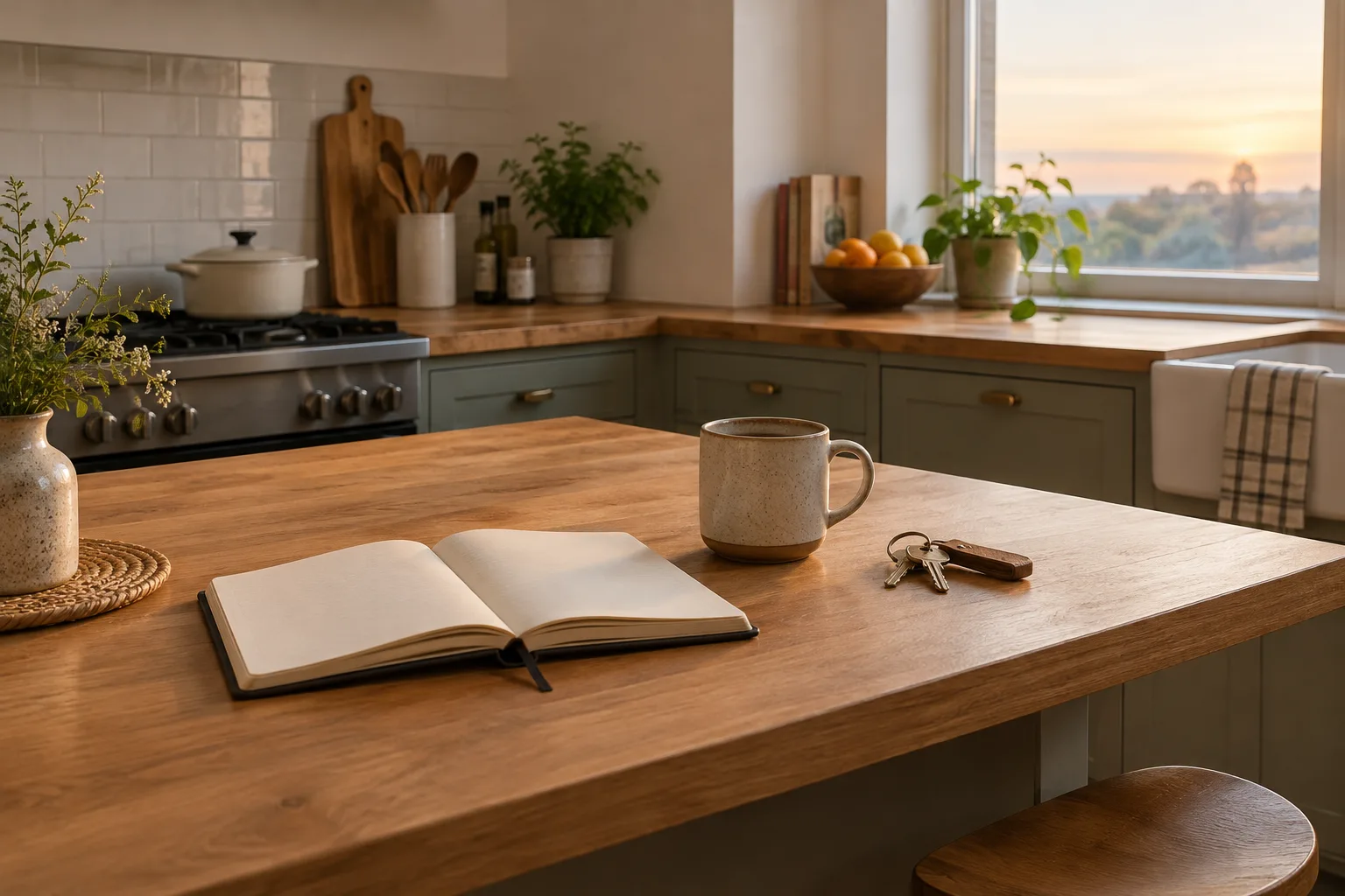 Un carnet ouvert, une tasse et des clés préparés sur une table dans la lumière du matin.