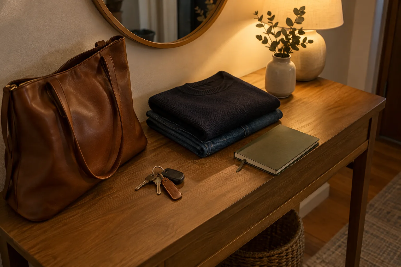 Un sac, des clés, une tenue et un carnet réunis sur une petite table près de l’entrée.