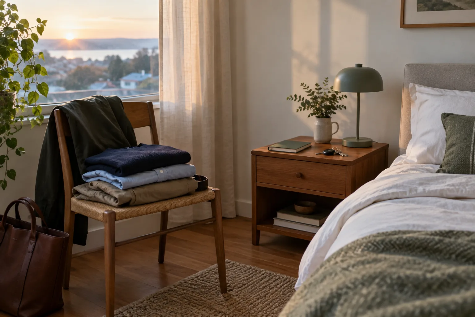 Une tenue et quelques essentiels préparés dans une chambre éclairée par la lumière du matin.