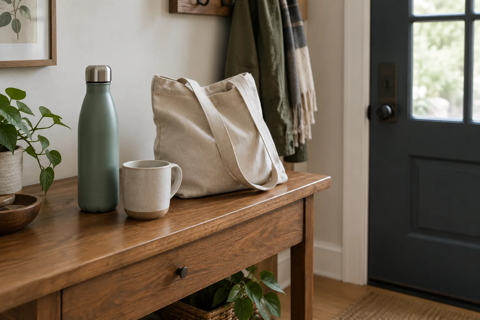 Une bouteille, une tasse et un sac sont rassemblés près de la porte.