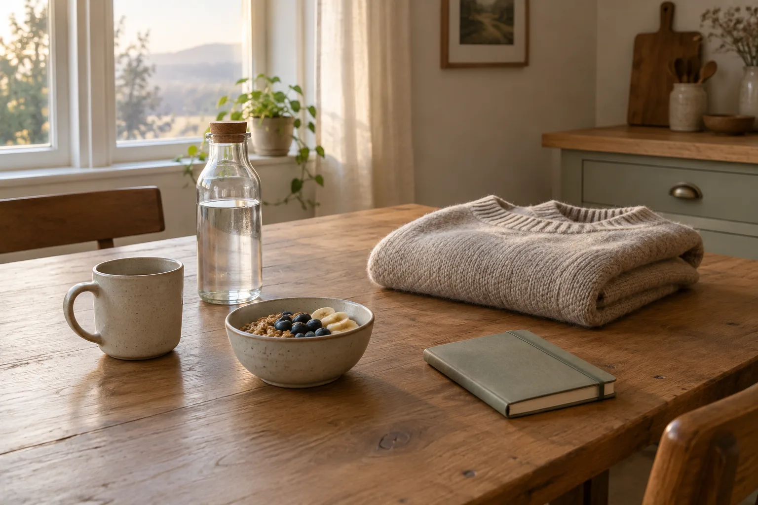 Une tasse, une bouteille d’eau et un carnet sont disposés sur une table près d’un vêtement plié.